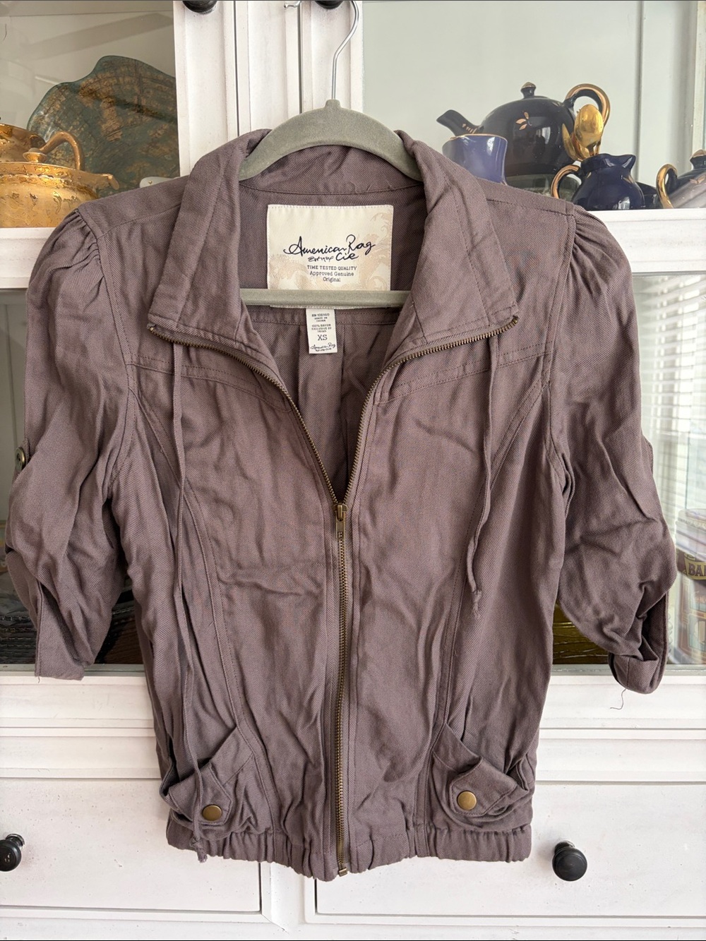 American Rag Mauve-Taupe Crop Zip Bomber Jacket